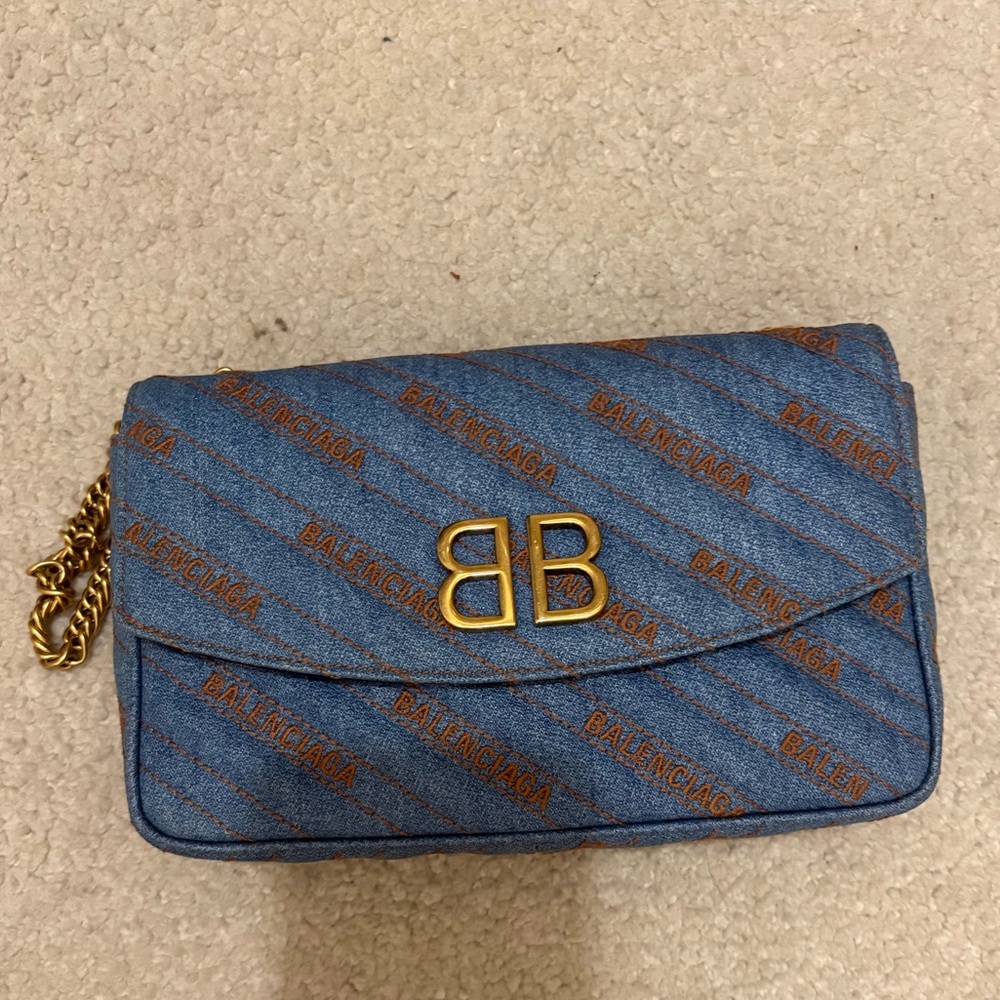 Balenciaga Blue and Gold Clutch with Chain Strap
